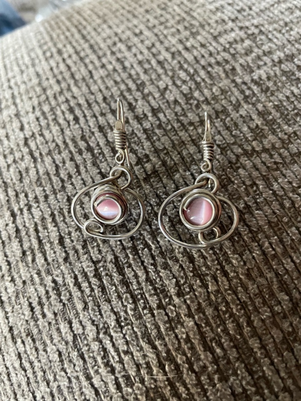 Hand-crafted Silver Swirl Drop Earrings with Pink Glass Center
